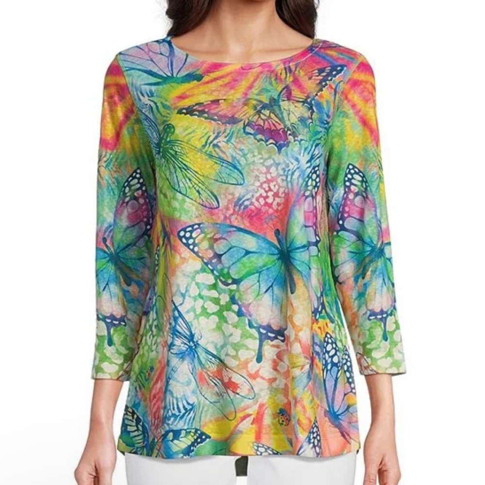 Ali Miles Petite Small Floral Butterfly Top Colorful Spring Y2K Rainbow Relaxed - Picture 2 of 7